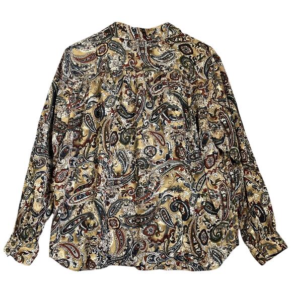 Talbots Blouse Size 16W Tan Crinkle Silk Paisley Metallic Button Up Collared - Picture 2 of 9